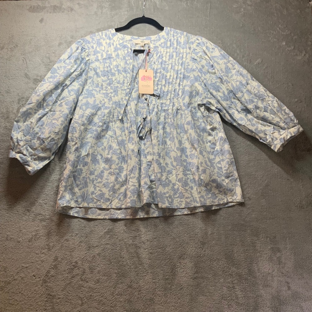 Entro Women Blue Floral Toile Pin Tuck Pleat Tie Neck Cotton Blouse Size L NWT